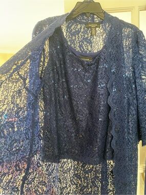 R&M Richards Navy Lace Sequin Shell and Overlay
